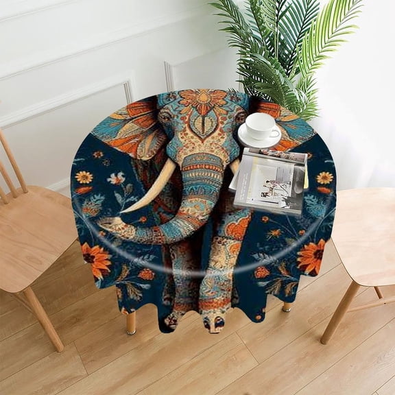 RKSupls 60 Inch Round Tablecloth, Elephant Floral Pattern Premium Polyester Straight Edge Wrinkle Resistant Washable Table Cover for Party Home Dining Decor