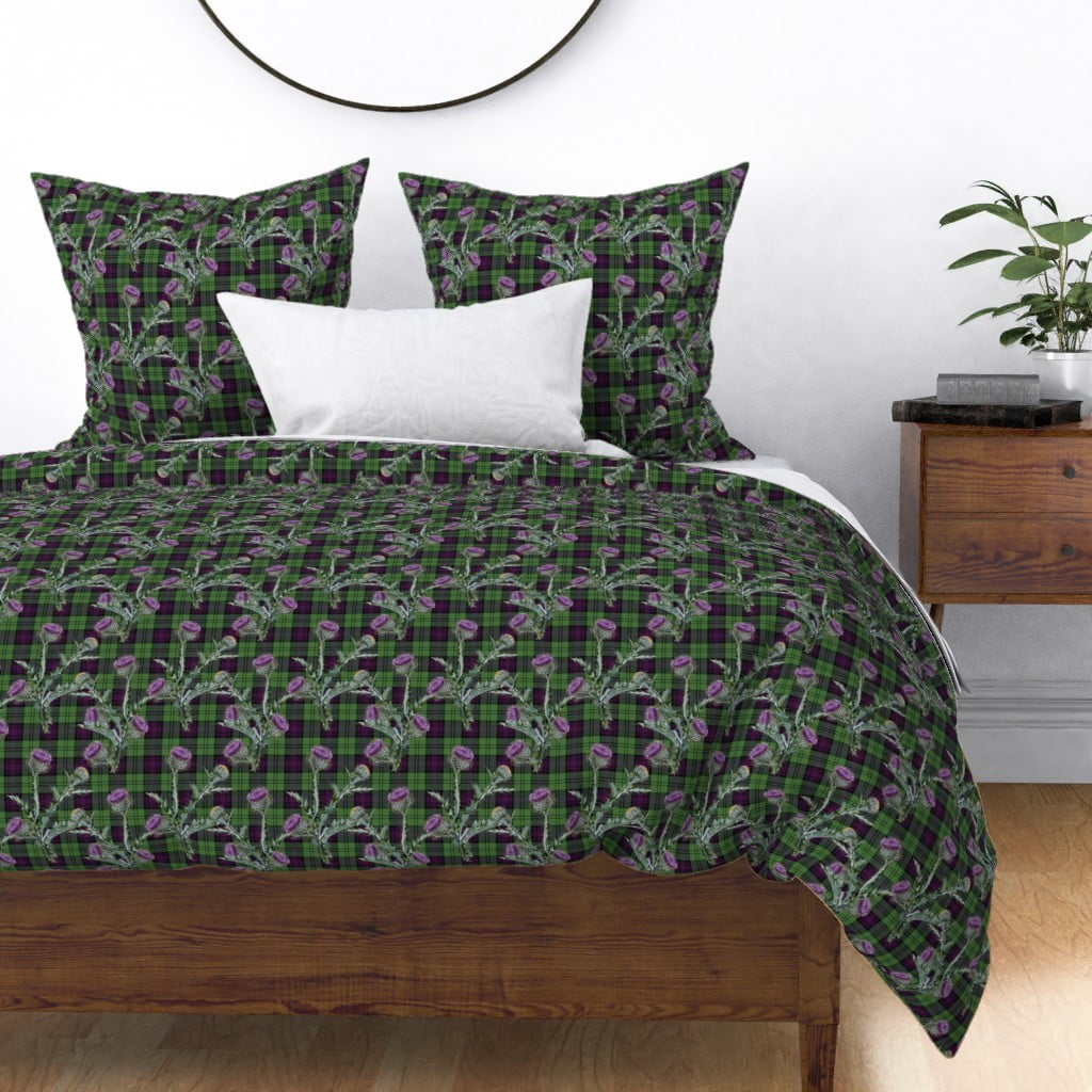 Tartan Thistle Green Purple Throw Pillow Cover w Optional Insert by Roostery