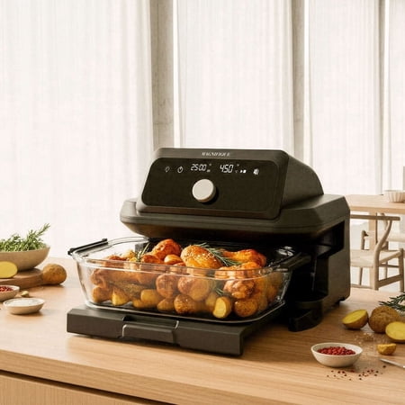 MAGNIFIQUE 6 Quart Large Capacity Casserole Air Fryer, Glass Air Fryer Oven Non Toxic with 12-in-1 Digital Touchscreen