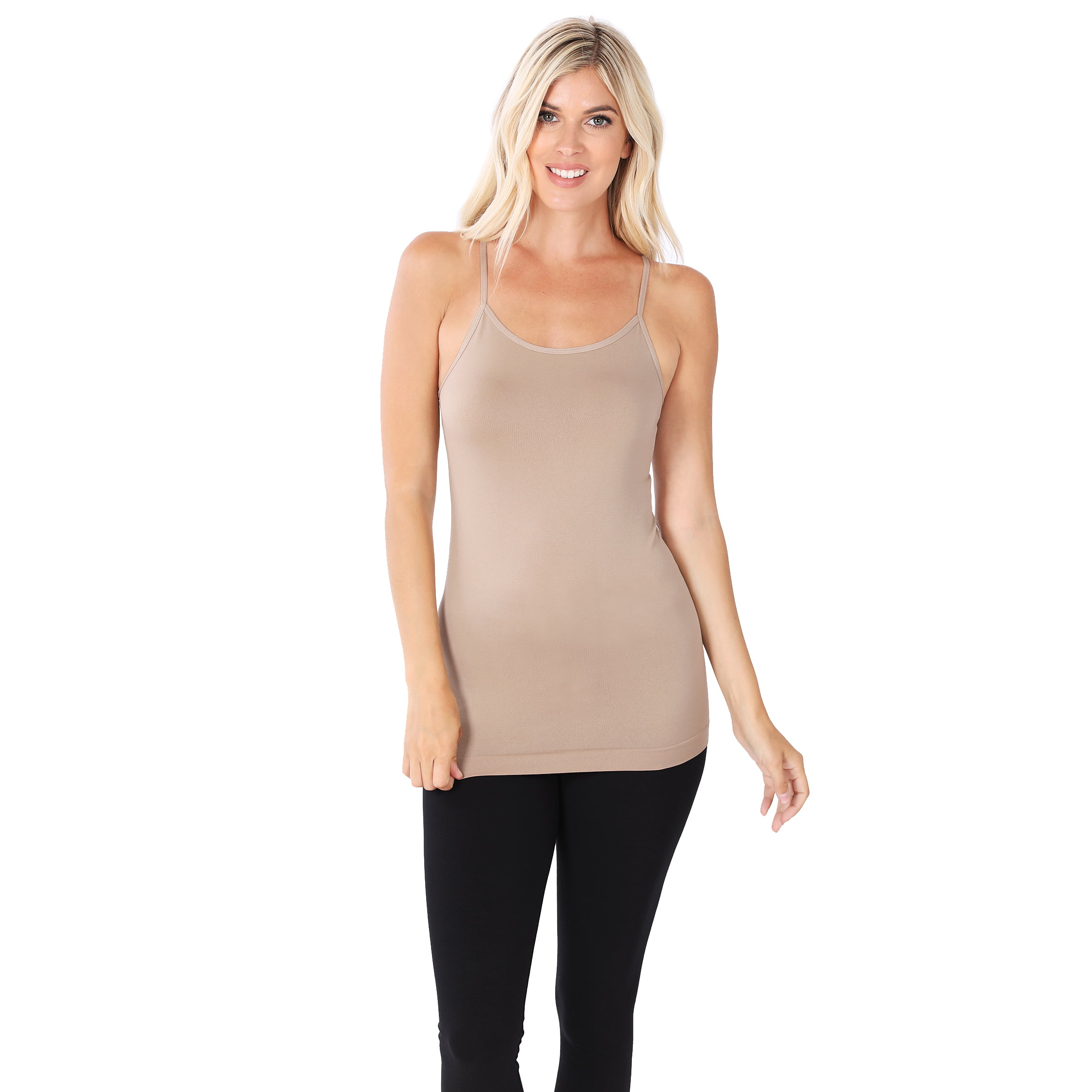 Women Basic Seamless Slim Fit Longline Undershirt Spaghetti Camisole Tank  Top with Adjustable Straps (Heather Grey, SM) 