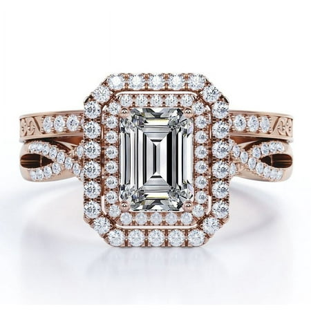 JeenMata Twisted - 2.25 Carat Emerald Cut - Filigree Band - Double Halo Design Wedding Ring Set - 18K Rose Gold Plating over Silver