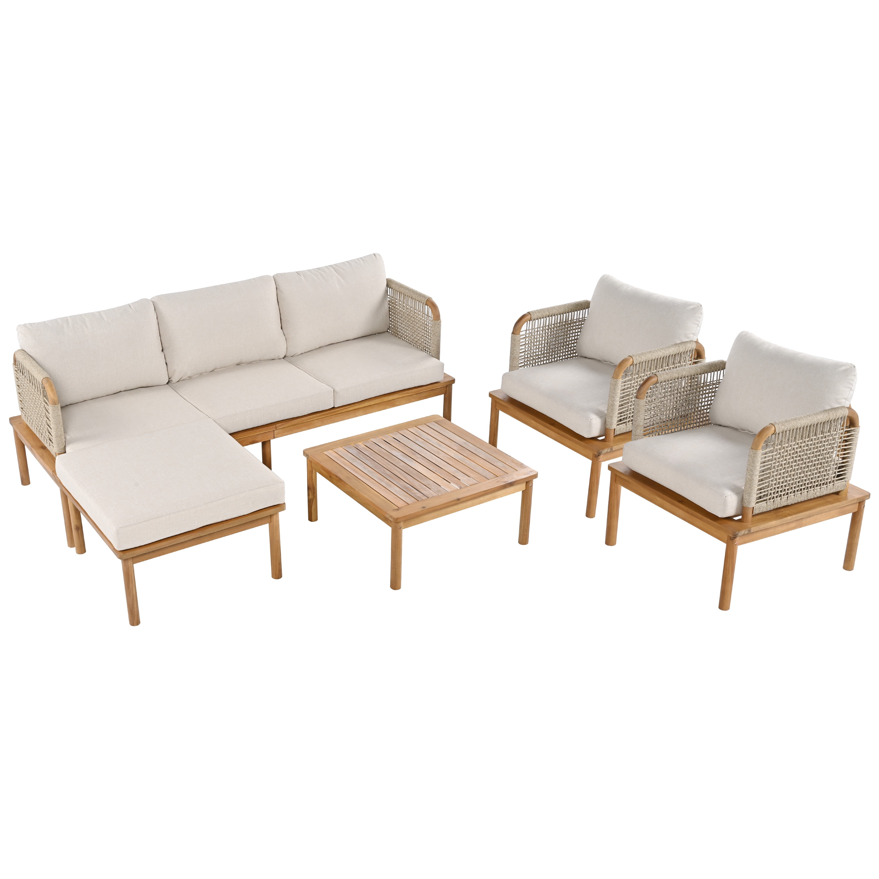 Outdoor 5-Piece Acacia Wood & Rope Patio Sofa Set, Full Seating with Ottoman, Coffee Table & Club Chairs for Garden Backyard Deck, Teak+Beige