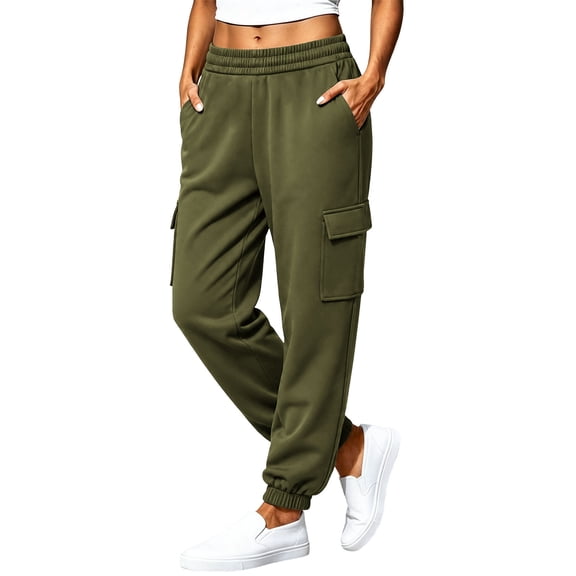Fleece Cargo Jogger Pants for Women Ghalytn Elastic Waist Sweatpants - Loose Fit Multi-Pocket Casual Trousers