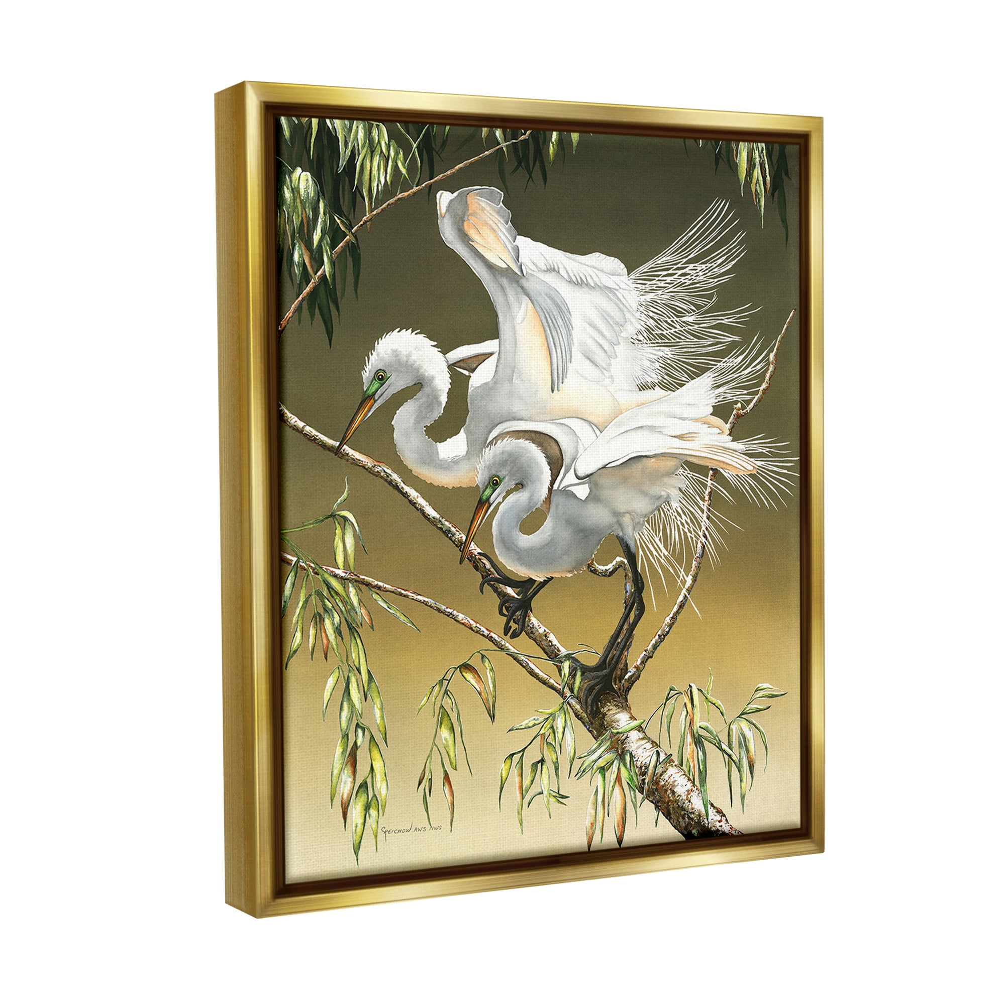 Stupell Industries Egrets Perched on Branch Animals & Insects Painting Gold Floater Framed Canvas Art Print Wall Art, 17 x 21