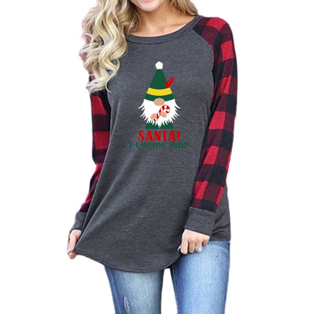 Pntutb Ladies Christmas Print Plaid manga costura manga larga cuello redondo raglán camiseta béisbol top Pntutb Pntutb-7564