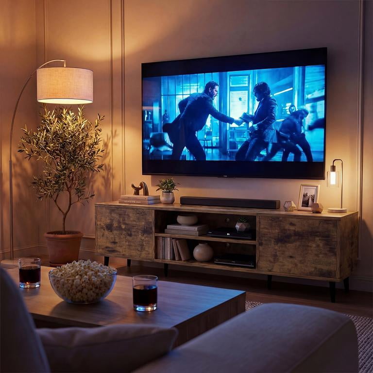 Vineego TV Stand for 70 Inch TV with 2 Push-to-Open Doors, Mid-Century Modern Media Console with Open Shelves, Entertainment Center for Living Room Bedroom, Brown