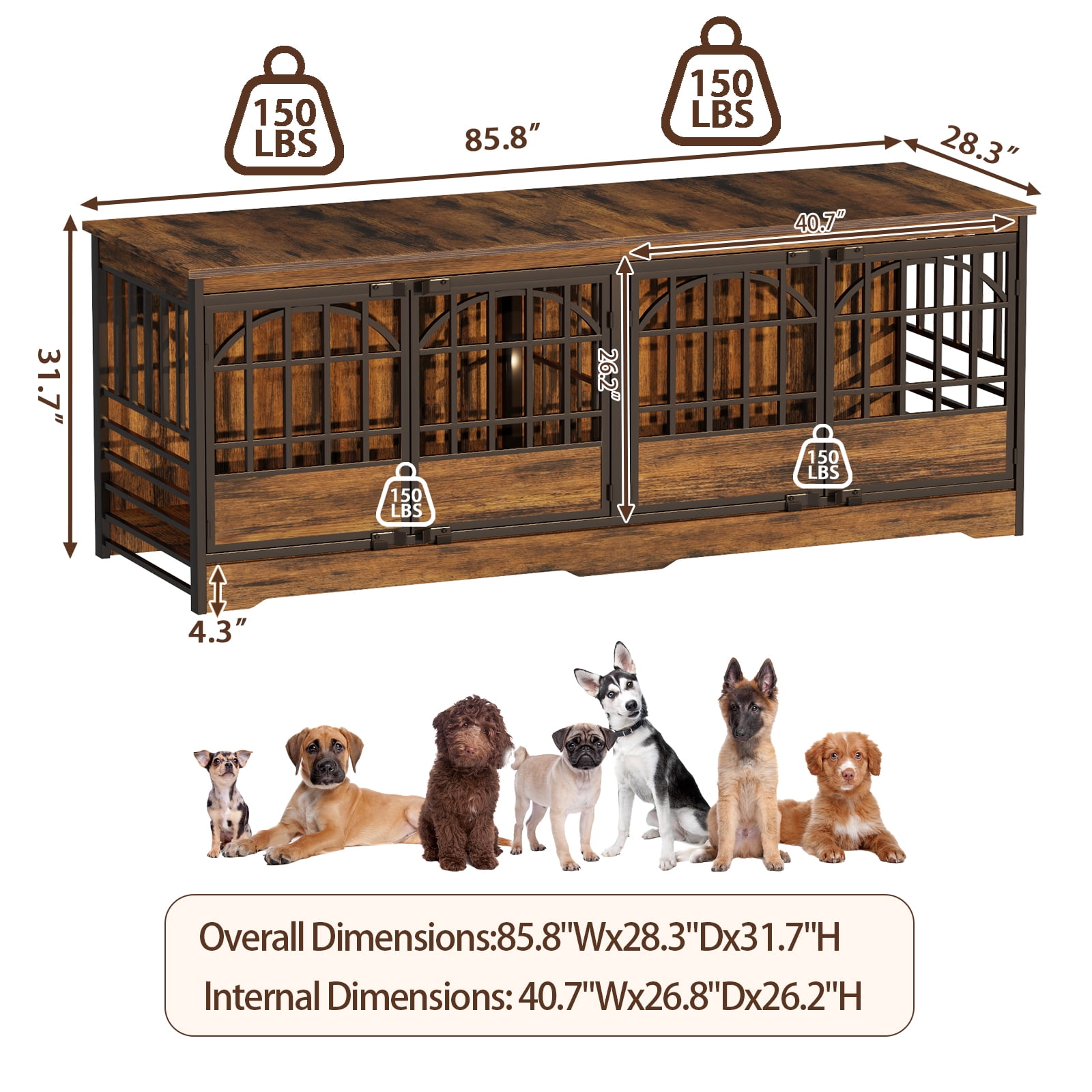 Bel Ark 86 inch Double Dog Crate Furniture for 2 Large Dogs Heavy Duty Double Dog Crates Furniture Indoor as TV Stand, Large Brown