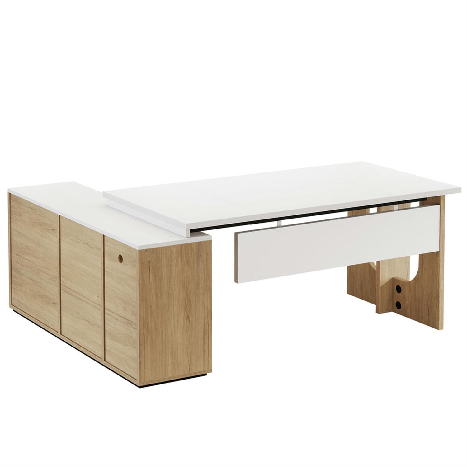 Demi Bonn Modern L Shaped Gaming Computer Desk, 74" Corner Executive Desk with Storage Cabinet for Home Office, White