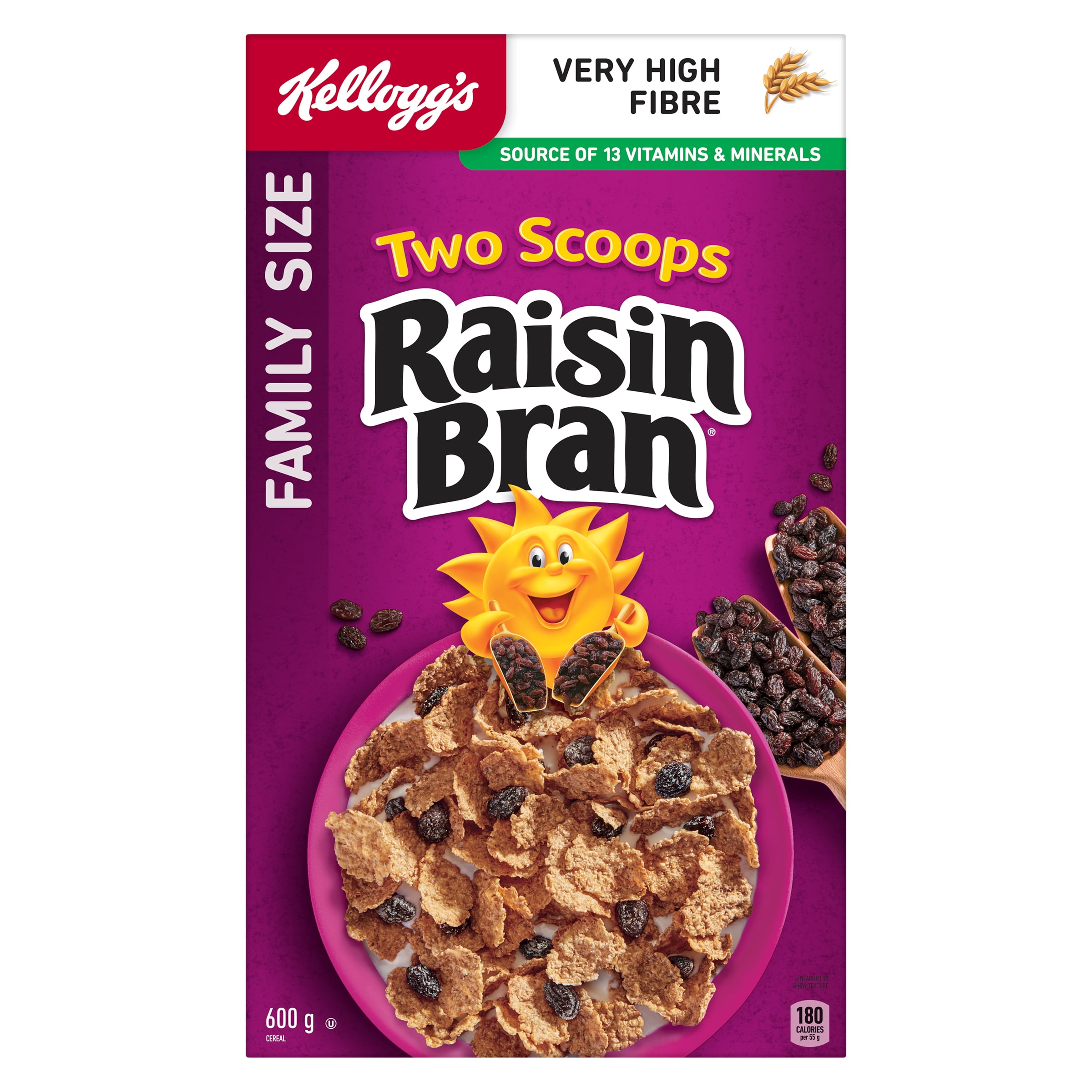 Kellogg's* Two Scoops* Raisin Bran Cereal Family Size, 625 g, Kellogg's* Two Scoops* Raisin Bran cereal is a delicious combination of crispy bran flakes & sweet sun-ripened raisins. Each serving is a source of 12 vitamins & minerals, has no artificial flavours or colours and is a very high source of fibre.