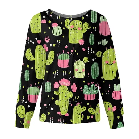 Hearthz Snap Front Women's Scrub Jacket Tops Long Sleeve Stretchy Animals Pattern Nursing Shirt Working Uniforms Scrub Tops Women with Pocket