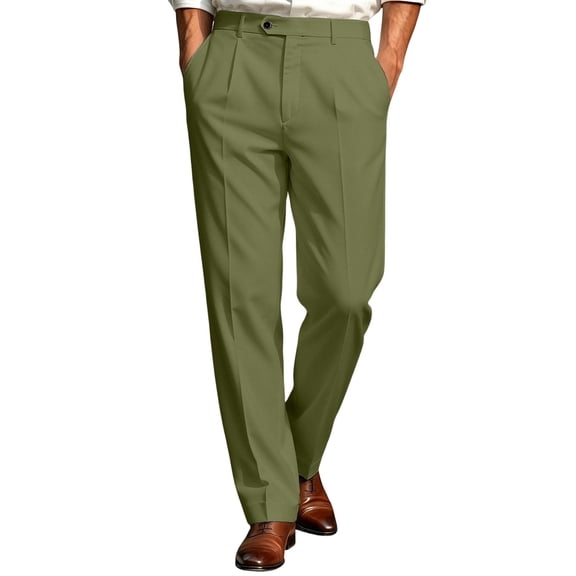 ZACPNCV Men's Pleated Dress Pants Classic Fit Wrinkle Resistant Slacks Straight Leg Business Casual Suit Trousers Solid Color Formal Pants Olive Green