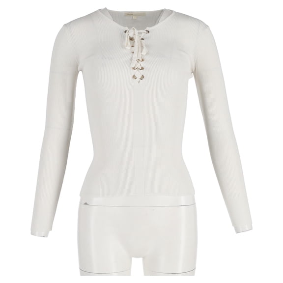 Pre-Owned Maje Lace-Up Ribbed Stretch-Knit Sweater in White Viscose
