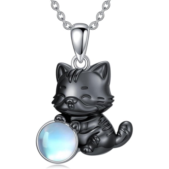 CACA LADY Black Cat Necklace 925 Sterling Silver Moonstone Cat Pendant Gothic Halloween Cat Necklace Birthday Christmas Cat Jewelry Gifts for Women Cats Lovers