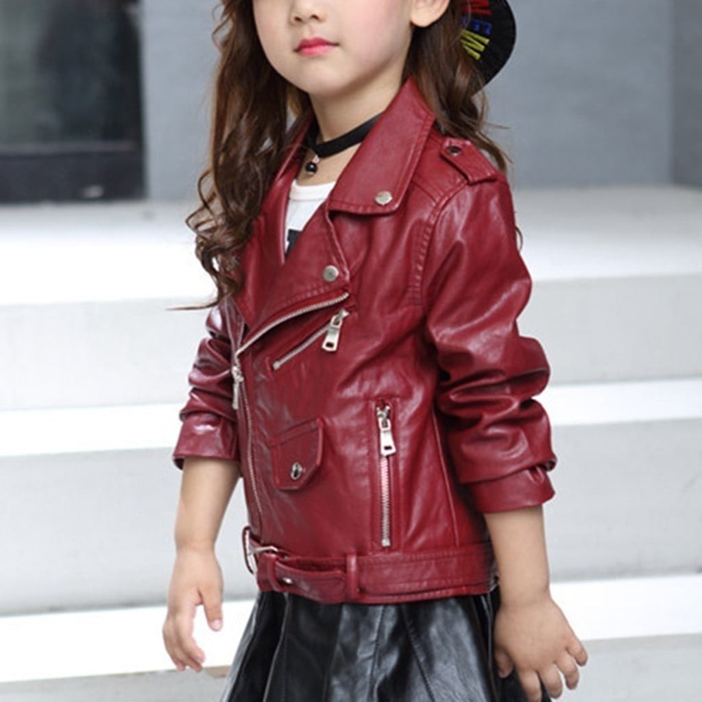ATOGUTA Girls Leather Jacket Children's Motorcycle Faux Leather Zipper Coat Wine, Size 3T-13