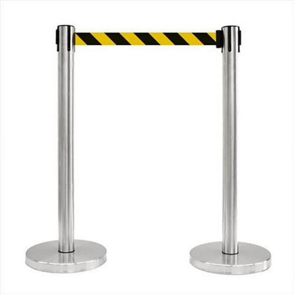 VIP Crowd Control 1017 12 in. Flat Base Satin Stainless Post Retractable Belt Stanchion - 6.5 ft. Safety Stripe belt