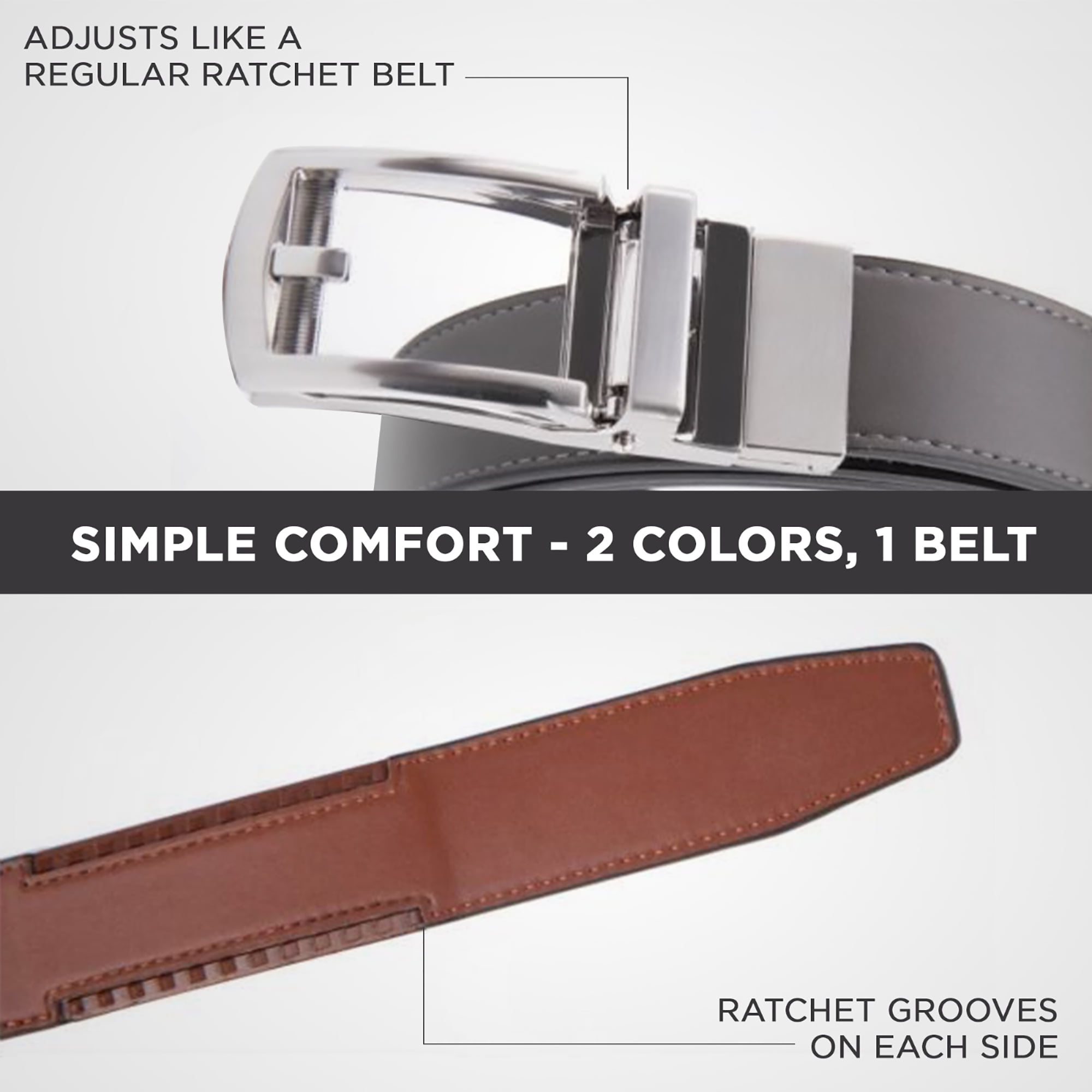 Genuine Leather Up to 51” 1 Belt One Size 2 Colors Patented Reversible Ratchet Belt Adjustable 