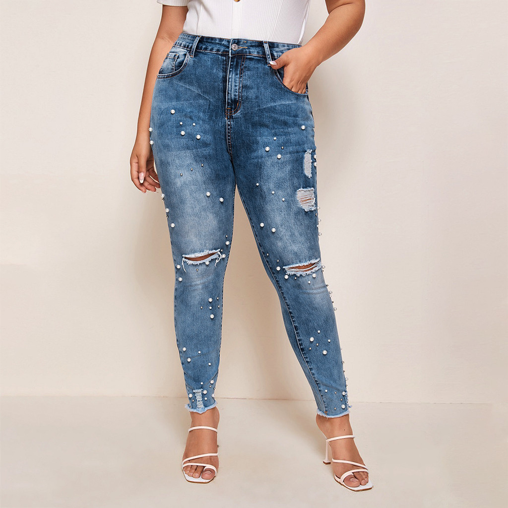Spftem Women High Waisted Skinny Pearl Hole Denim Stretch Pants Calf Length Jeans - image 3 of 7