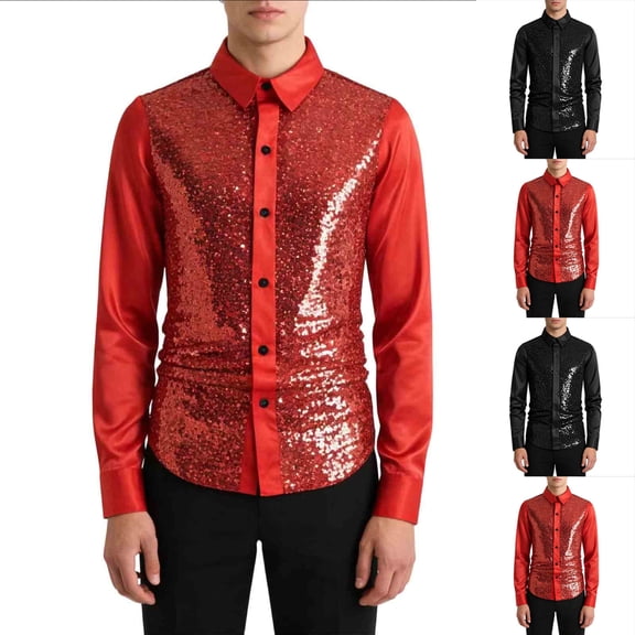 SeCaotees Men's Men's Long‑Sleeve Button‑Down Dress Shirt Turn‑Down Collar Glossy Splice Fabric Slim Fit For Party Nightclub Formal Occasion Shirts Black,L