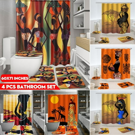 Water Trapper Door Mat 4Pcs Bathroom Set Non-Slip Pedestal Rug + Lid Toilet Seat Cover + Bath Mat Doormat + Waterproof Shower Curtain + Hooks African Woman Exotic Style Home Decor ()