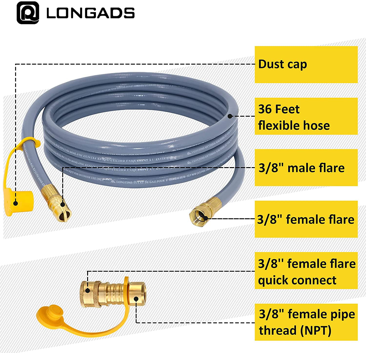 12FT Natural Gas Hose Propane Gas Grill 3/8 Female Pipe Thread x 3/8 Male Flare 