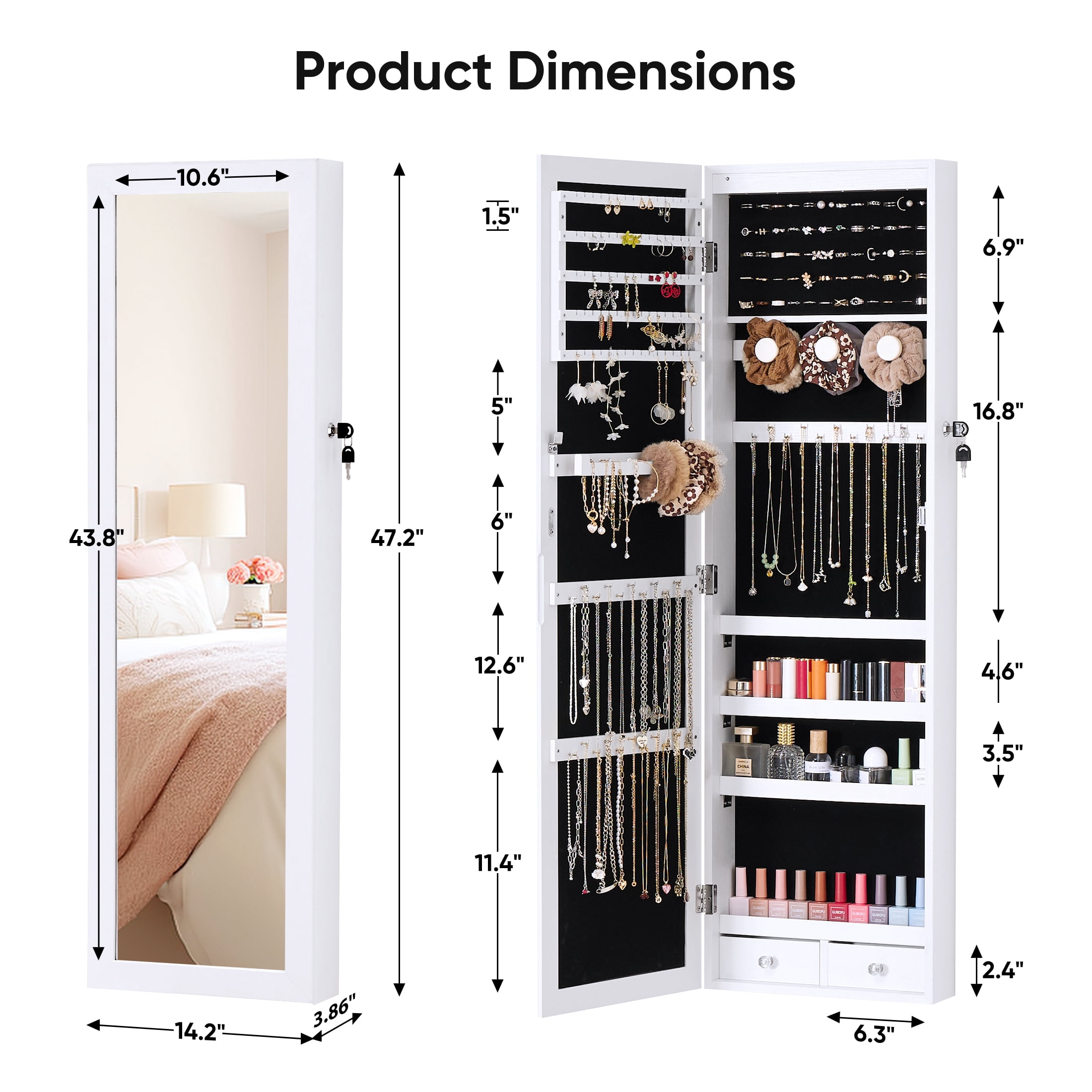 edx Full-Length Mirror Jewelry Cabinet with 6 LED Lights, Wall Door Mounted Jewelry Armoire Organizer with Makeup Storage