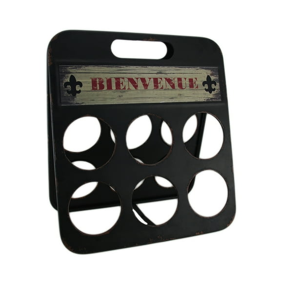 Zeckos Fleur De Lis Bienvenue Distressed Metal 6 Bottle Wine Holder