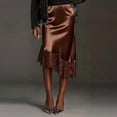 thumbnail image 5 of Women Lace Trim Satin Long Skirt Silk Lace Skirt Elegant Flowy A Line Midi Underskirt Brown M, 5 of 8