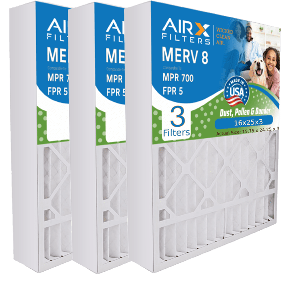 16x25x3 Air Filter MERV 8 Comparable to MPR 700 & FPR 5 Compatible with GeneralAire 14164 Premium USA Made 16x25x3 Furnace Filter 3 Pack by AIRX FILTERS WICKED CLEAN AIR.