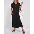 thumbnail image 3 of Women Summer Casual Midi Dresses Short Sleeve V Neck Loose Split Beach Vacation Tshirt Maxi Dress Black XL, 3 of 5