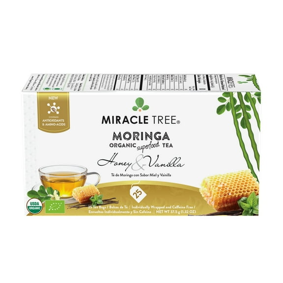 Miracle Tree Organic Moringa Tea, Honey & Vanilla, 25 Enveloped Tea Bags, Superfood with Antioxidants