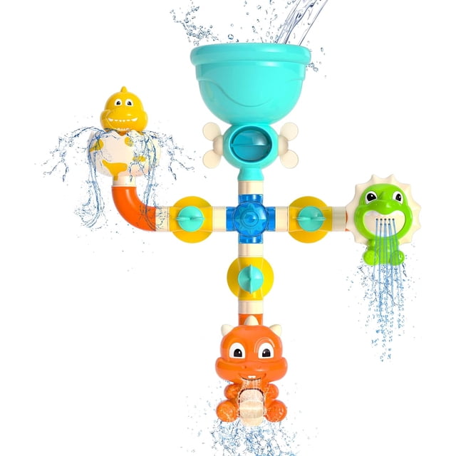 Juego de juguetes de baño de dinosaurio para bebés, lindo juguete de bañera de animales para niños pequeños con tubos de ventosa, juguete de ducha de cascada interactivo para niños y niñas