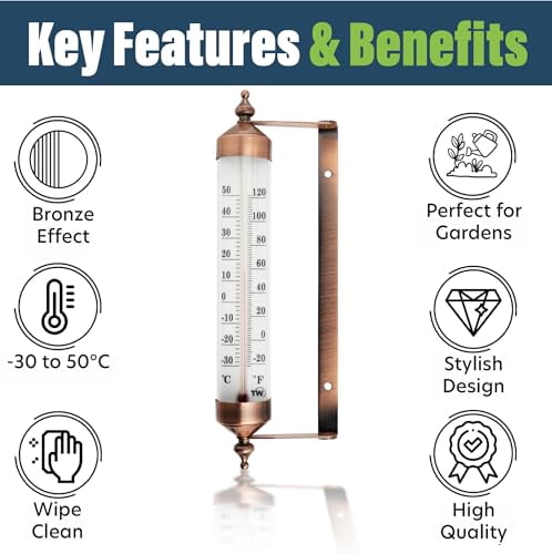 Outside Thermometer with Bronze Effect Design - Stylish 9.5 Inch Decorative Outdoor Thermometer Waterproof Suitable for Outside Wall Garden Greenhouse  Garage$$Garden &