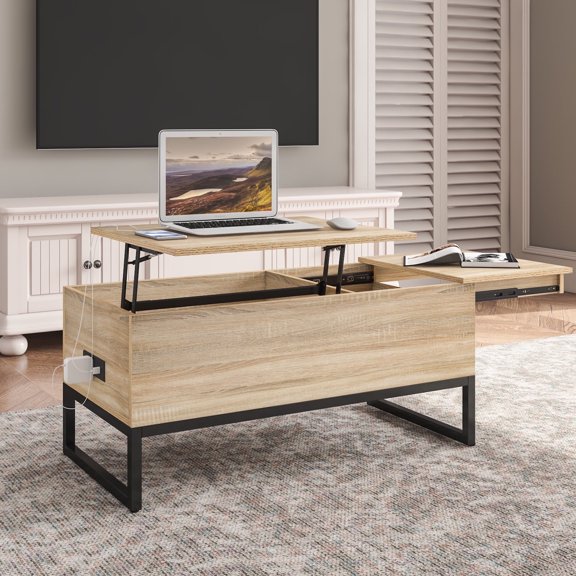 Hommpa Lift Top Coffee Table Living Room End Table with Sliding Top Coffee Table Desk with Storage Light Wood Grain Color