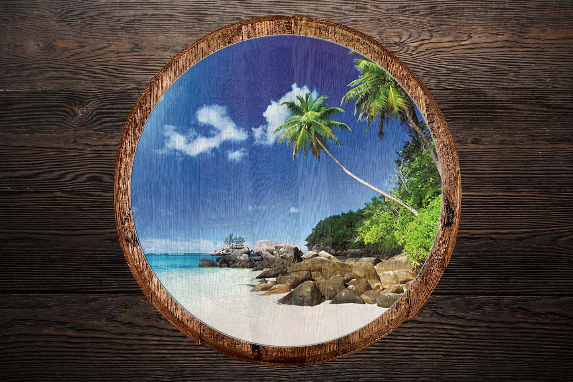 Details about / Whiskey Barrel Head Carribean Reaching Palm Trees White Sand Tropical Home Décor