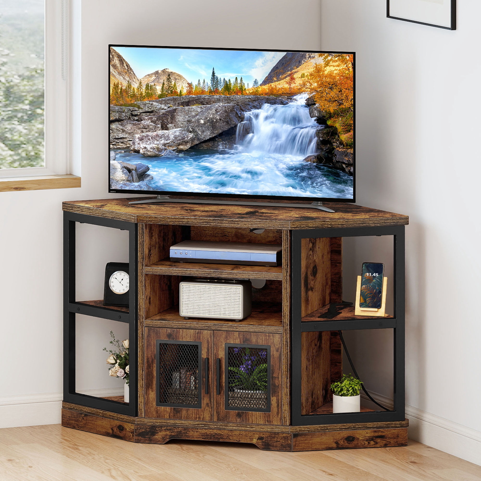 Uforic Corner TV Stand for TVs up to 55", Farmhouse Entertainment Center with Power Outlet,Brown