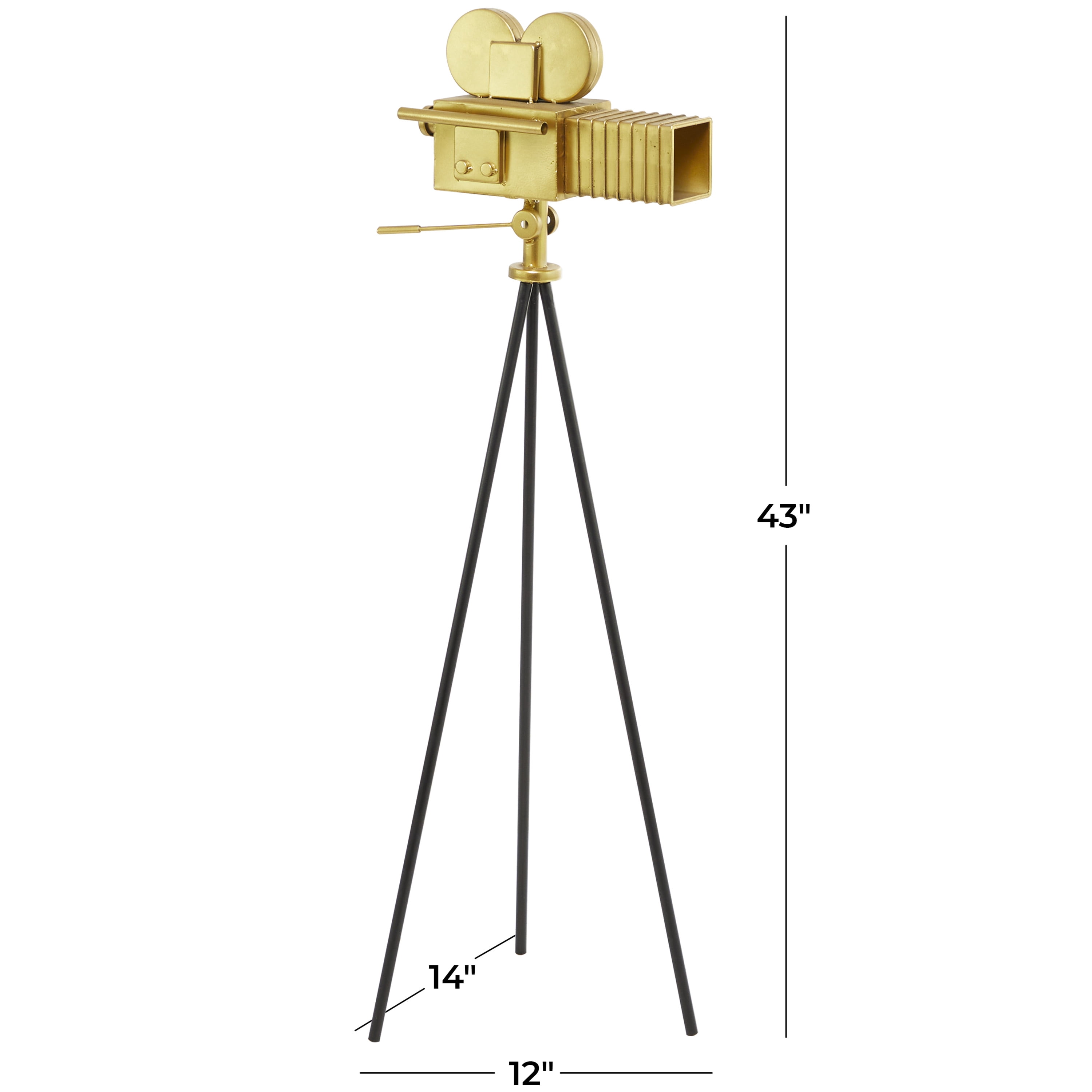 12" x 43" Gold Metal Camera Film Sculpture with Tripod Stand, by DecMode