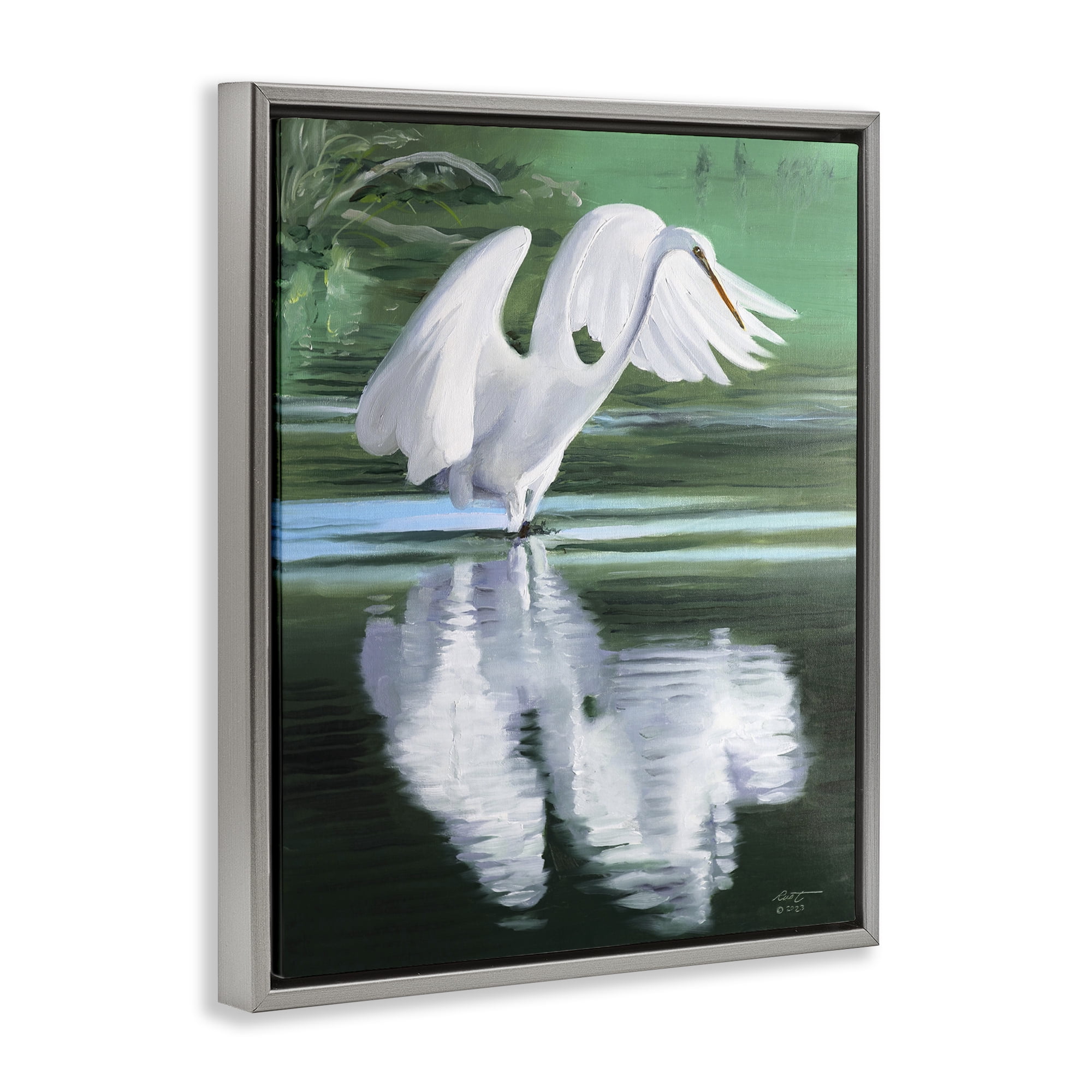 Stupell Industries Egret Flapping Wings Animals & Insects Painting Gray Floater Framed Canvas Art Print Wall Art, 17 x 21