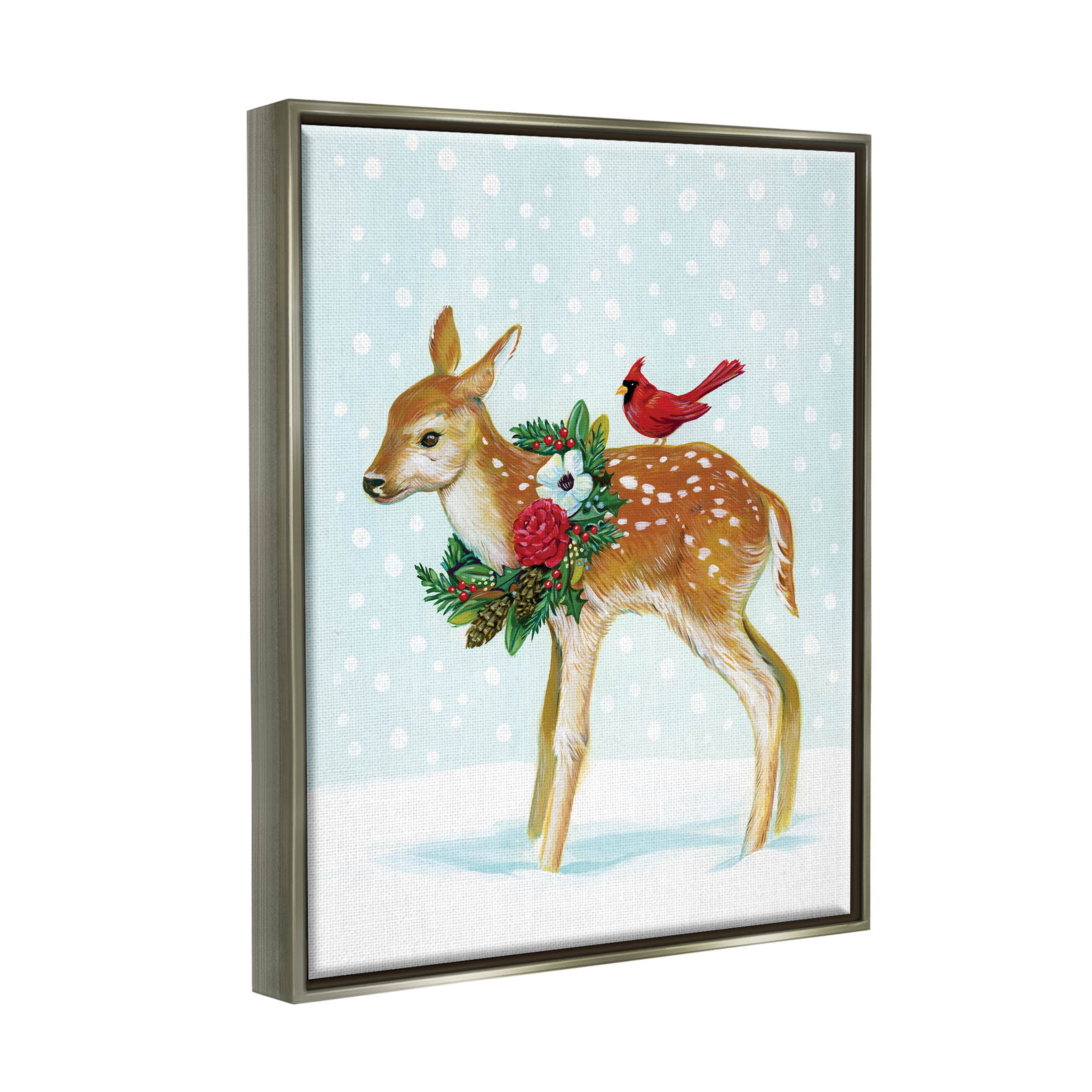 Stupell Industries Snowy Deer Holiday Cardinal Graphic Art Luster Gray Floating Framed Canvas Print Wall Art, Design by Laura Marr