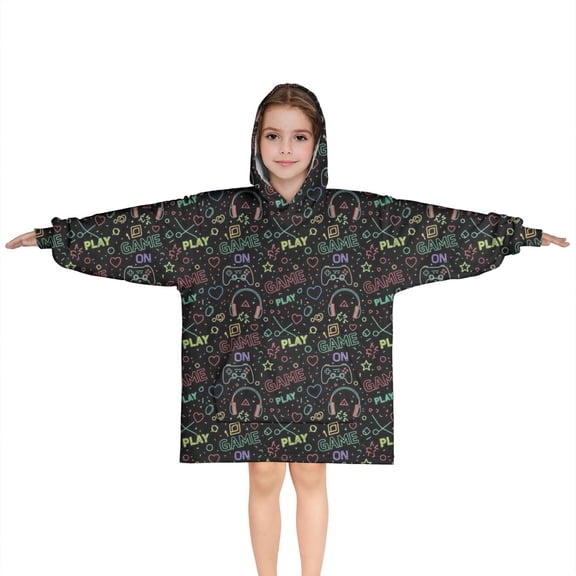 Multicolor Controllers Games Icons Black Pattern Blanket Hoodies for Kids 6-13YR Oversize Wearable Blanket Hoodies for Boys Girls Teens