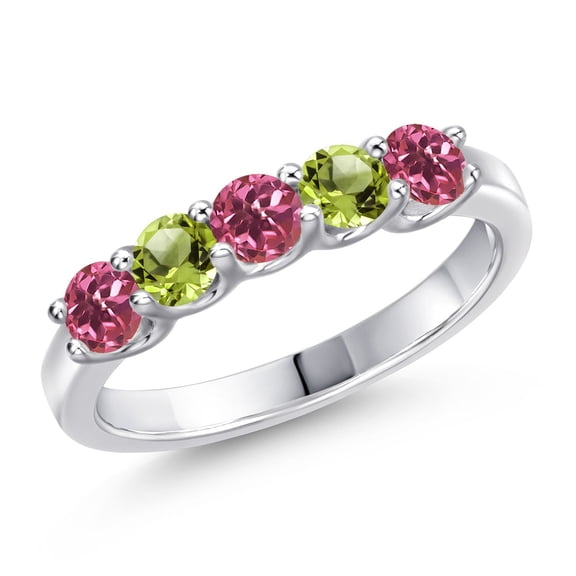 Gem Stone King 925 Sterling Silver Pink Tourmaline and Green Peridot Wedding-Bands Ring for Women | 0.86 Cttw | Round 3.5MM | Gemstone October Birthstone | Size 8
