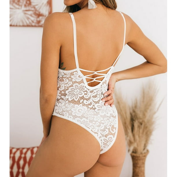 White Lace Open Back Thong Bodysuit