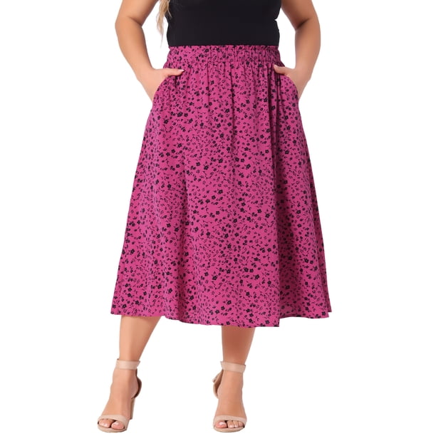 Falda midi floral con pliegues de cintura alta para mujeres de tallas grandes Agnes Orinda con bolsillos 1X rosa intenso
