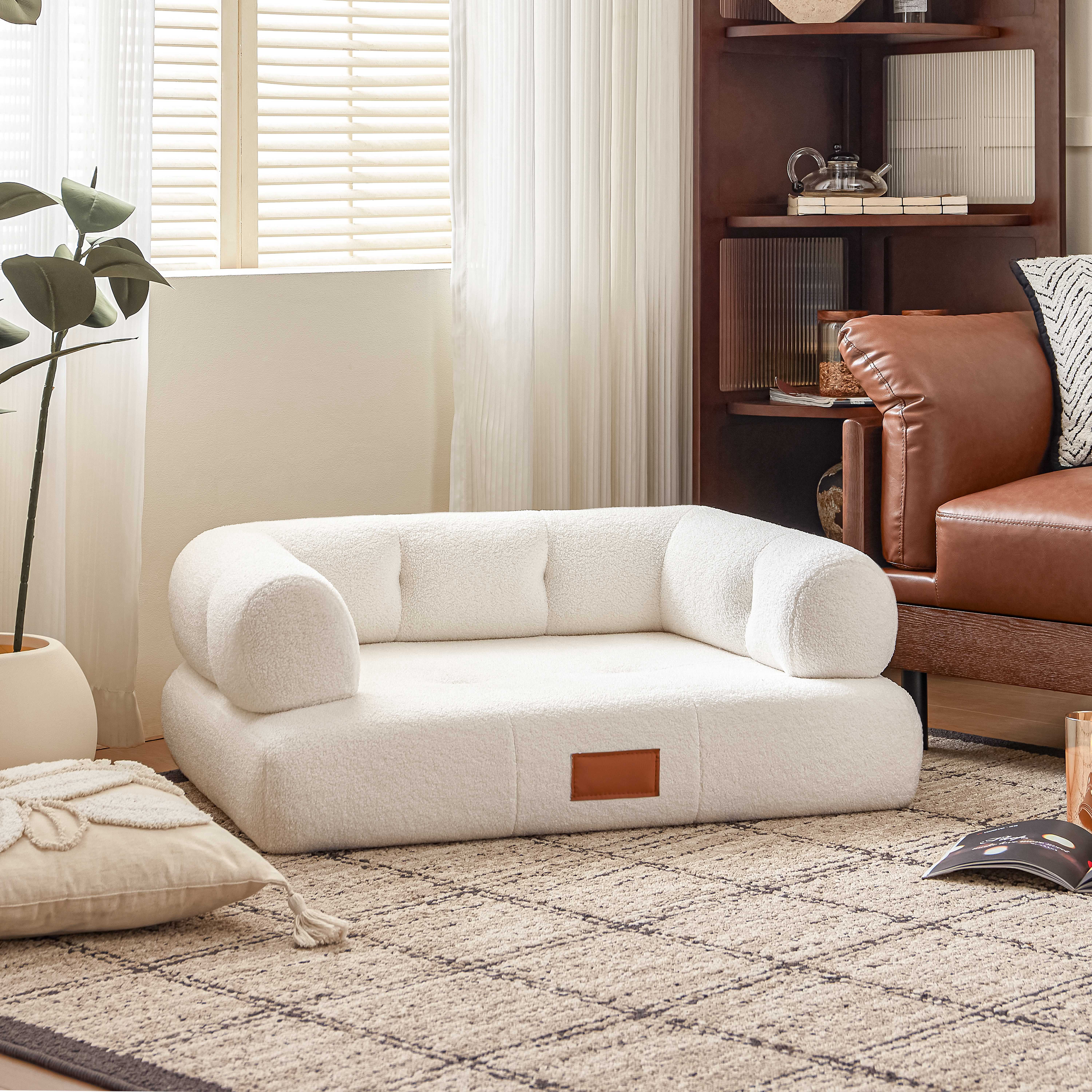 Faux Shearling Dog Bed Couch For Large Dogs Up To 70lbs, No Assembly Orthopedic Elevated Pet Sofa Bed, Furniture Style Comfy Dog Couch Bed, White