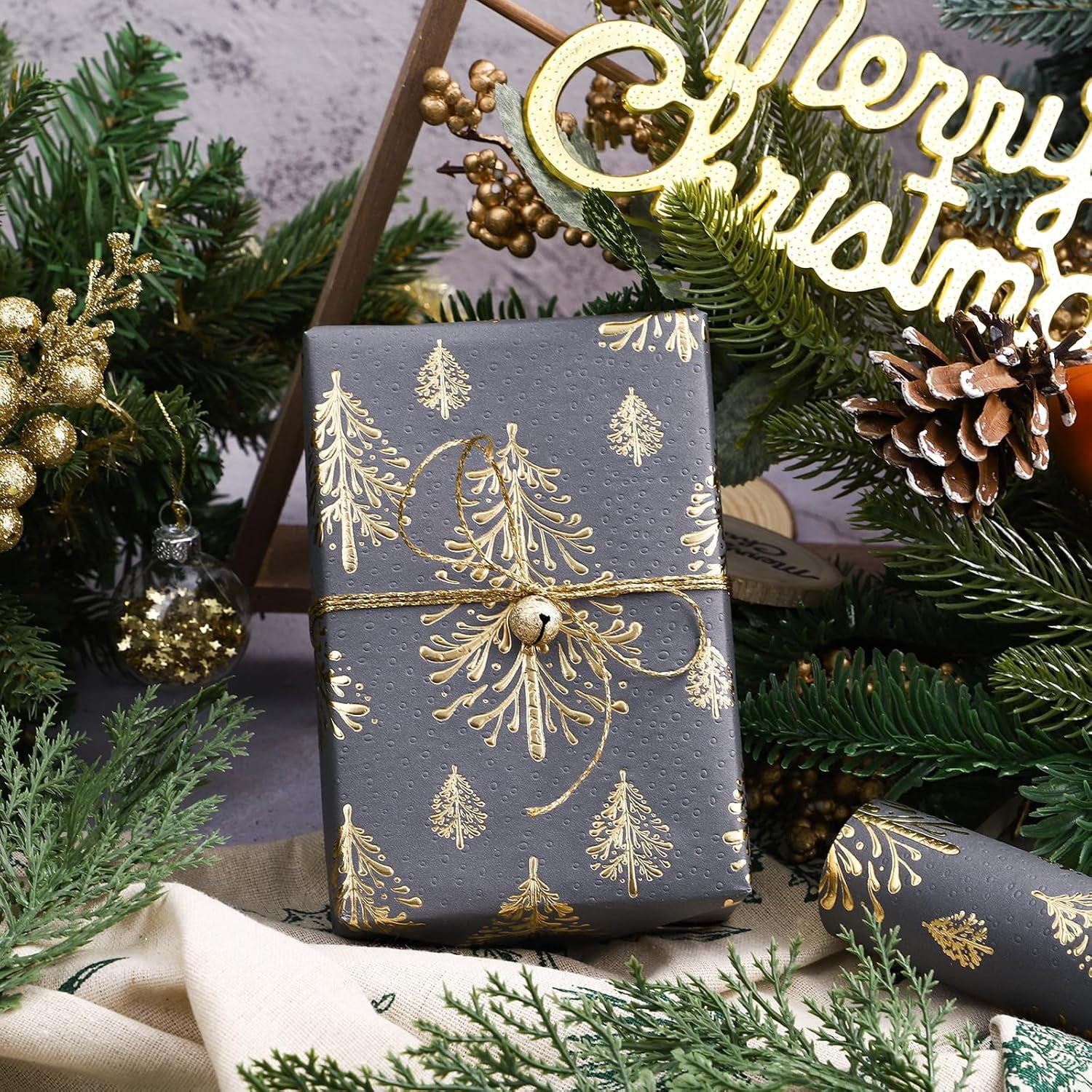 3D Kraft Christmas Wrapping Paper Roll - Mini Roll - 17 Inch x 16.5 Feet - Gold and Dark Grey Christmas Tree Wrapping Paper with Embossed Perfect for Holiday, Party Celebration