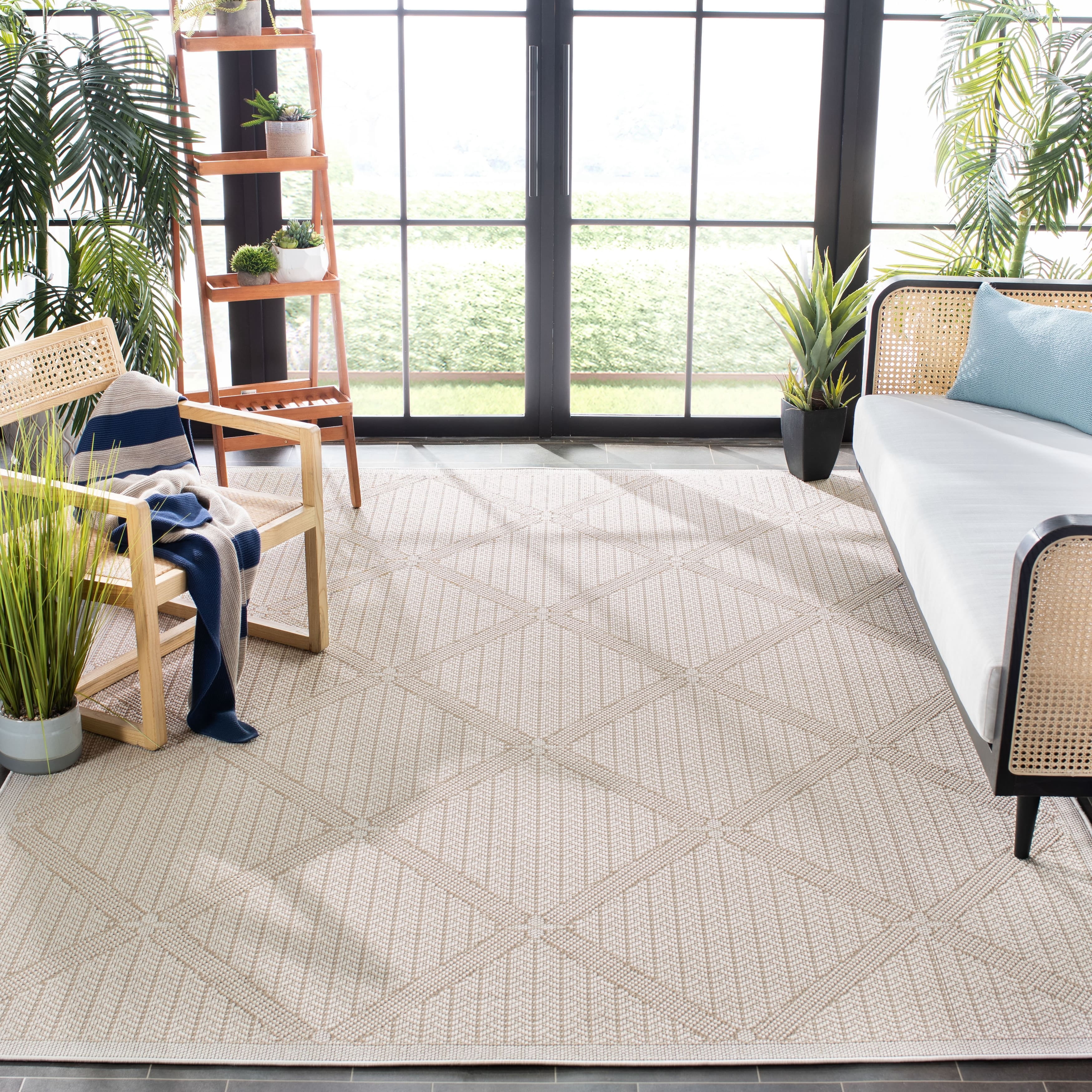 SAFAVIEH Machine Washable Rug Indoor/Outdoor Bermuda Collection - Bermuda Carleen Geometric Indoor/Outdoor Runner Rug, Cream/Beige, 2' x 16'