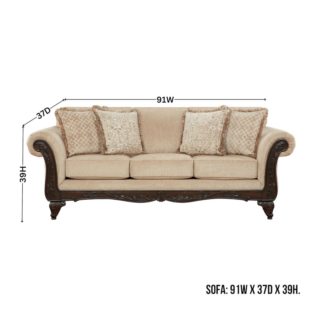 Roundhill Furniture Hernen Carved Wood Frame Sofa, Emma Wheat
