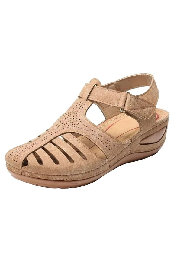 Womens Summer Sandals, Soft Leather Closed Toe Vintage Anti-Slip Sandals For Women High-quality Beige 9