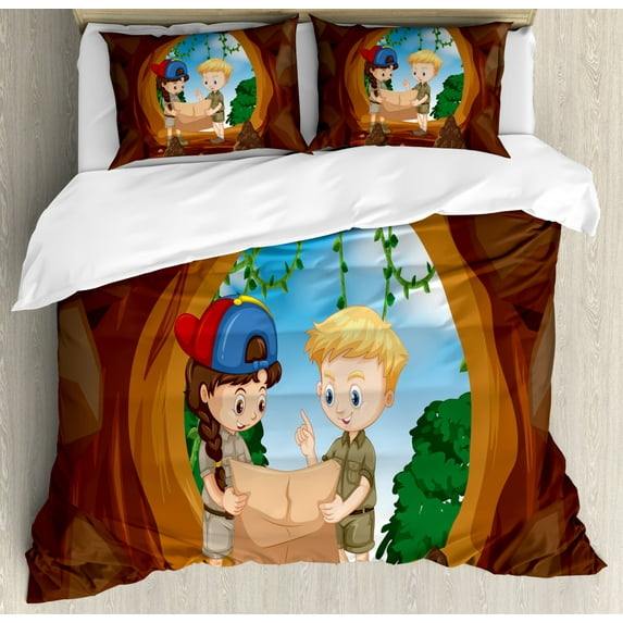 Adventures Duvet Cover Set Queen Size, Cartoon Style Pattern of Children Reading a Map in Front of a Cave, Decorative 3 Piece Bedding Set with 2 Pillow Shams, Brown and Multicolor, by Ambesonne