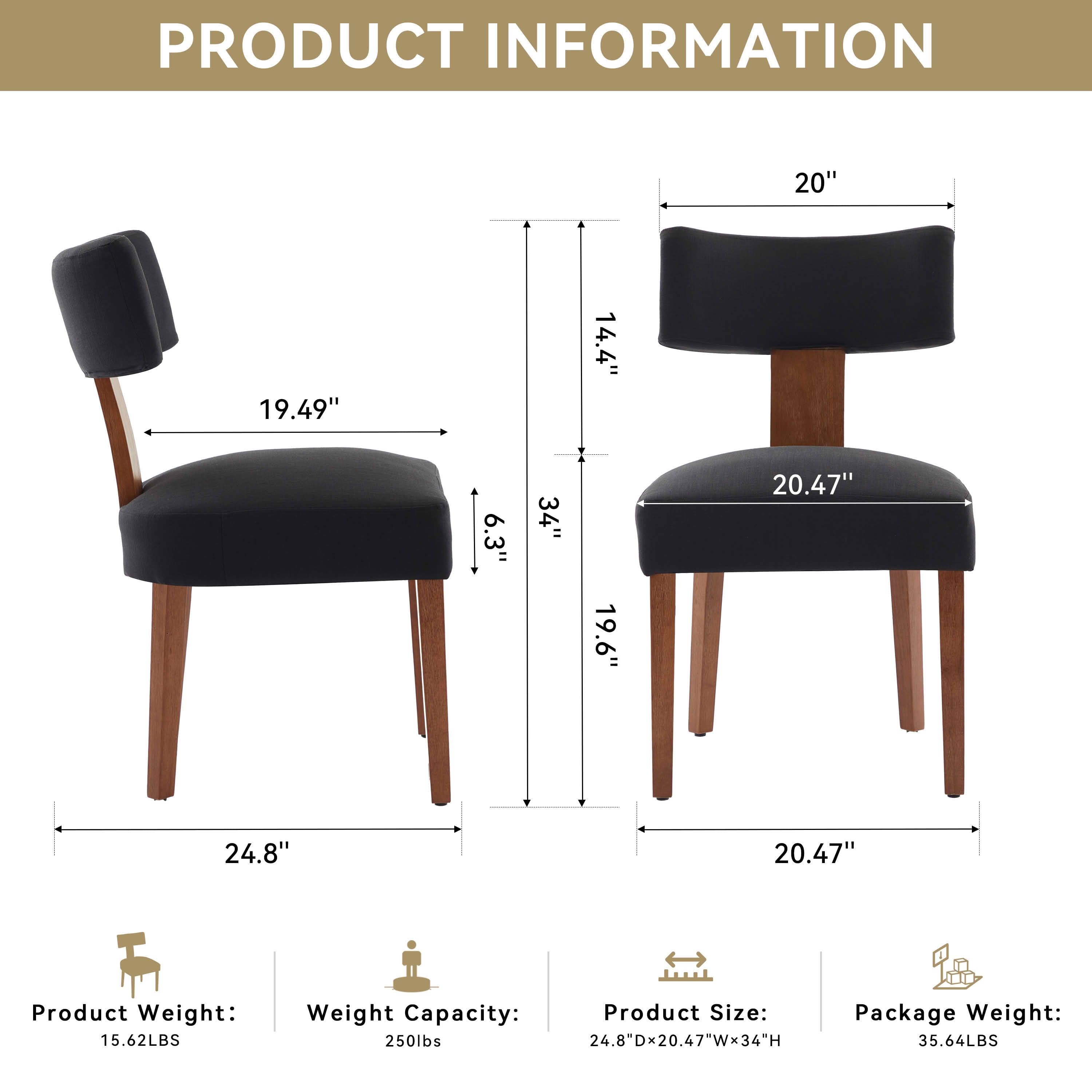 MAYEERTY Set of 2 Linen Fabric Modern Armless Dining Chairs, Curved Backrest & Solid Wooden Legs, for Dining Room & Living Room, Black