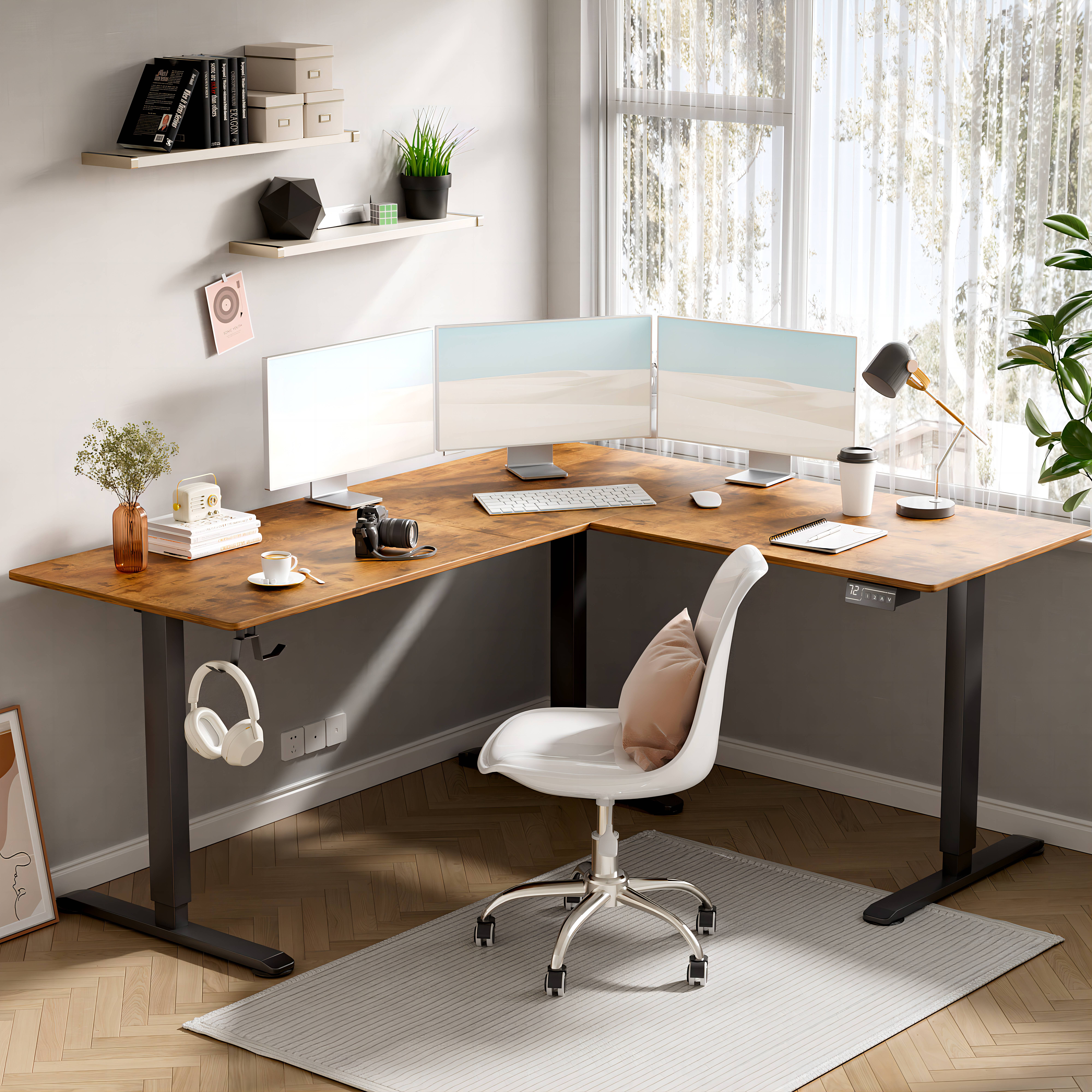 Homall 63in Wide L-shaped Electric Sit-Stand Desk Lifting Range 28~46in Height Gear Memory Ergonomics Standing Desk Height Adjustable Computer Desk, Brown
